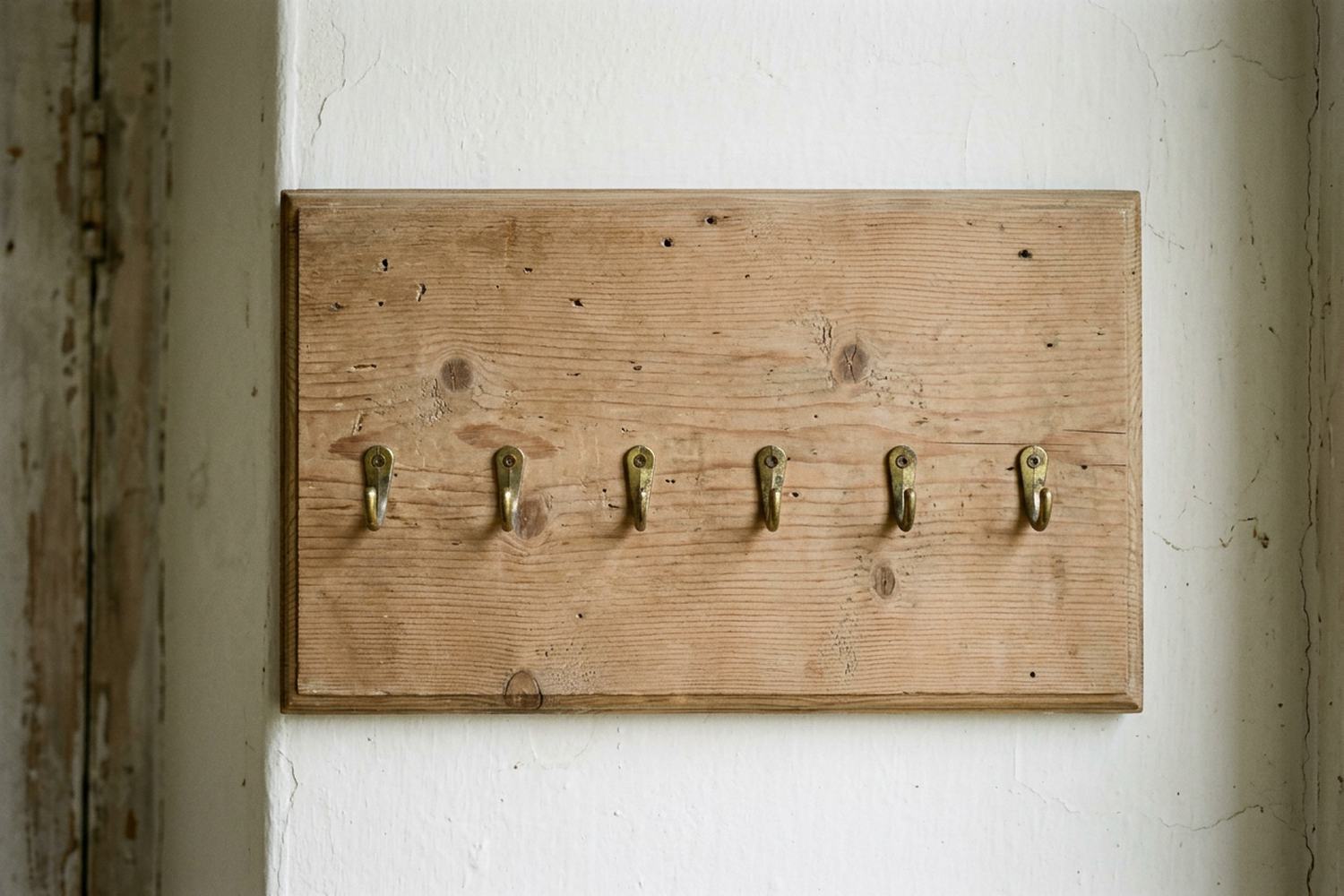 A wooden key board on a wall, every small brass hook of it empty.