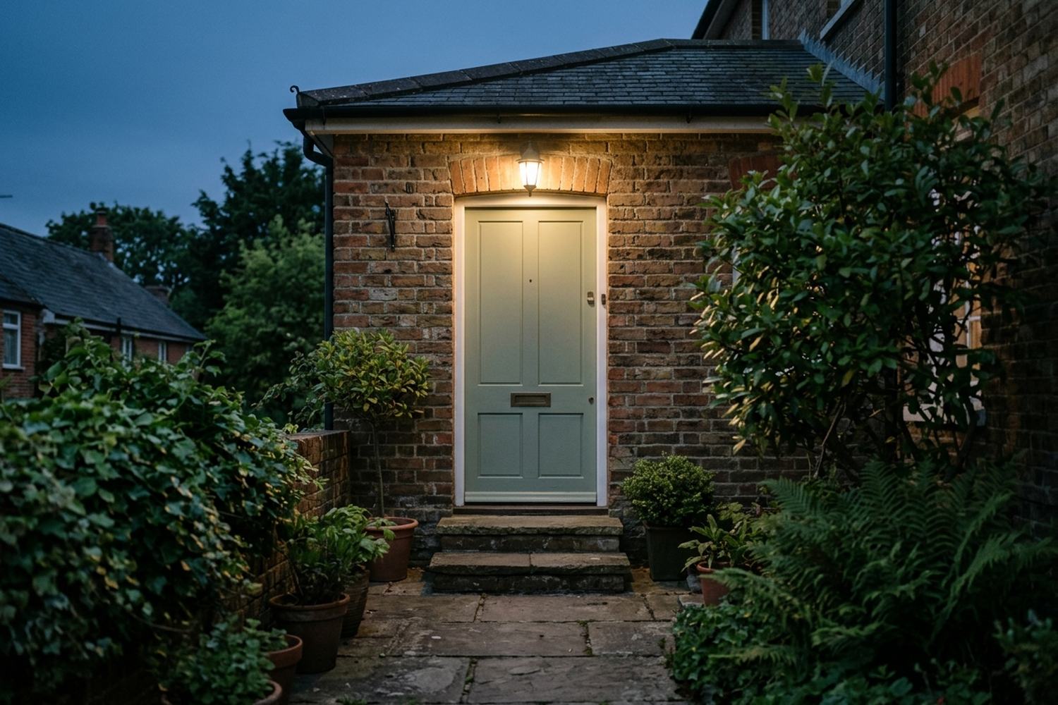 A plain front door under a lit porch lamp at dusk, two stone steps in front.