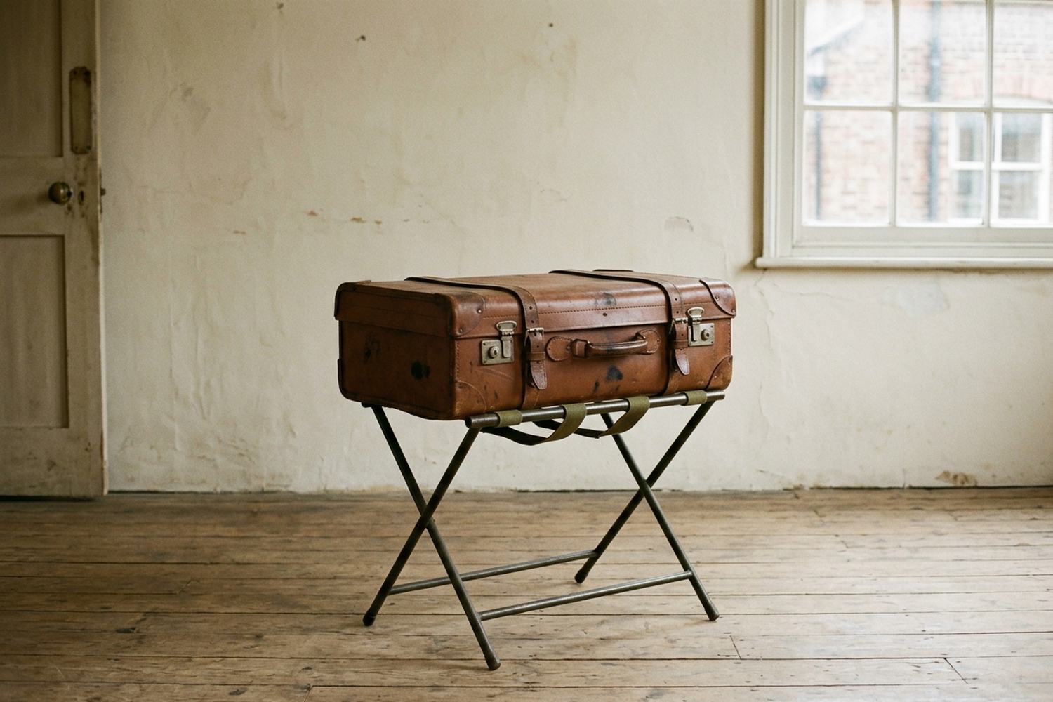 One worn leather suitcase, closed, standing on a folding luggage rack.