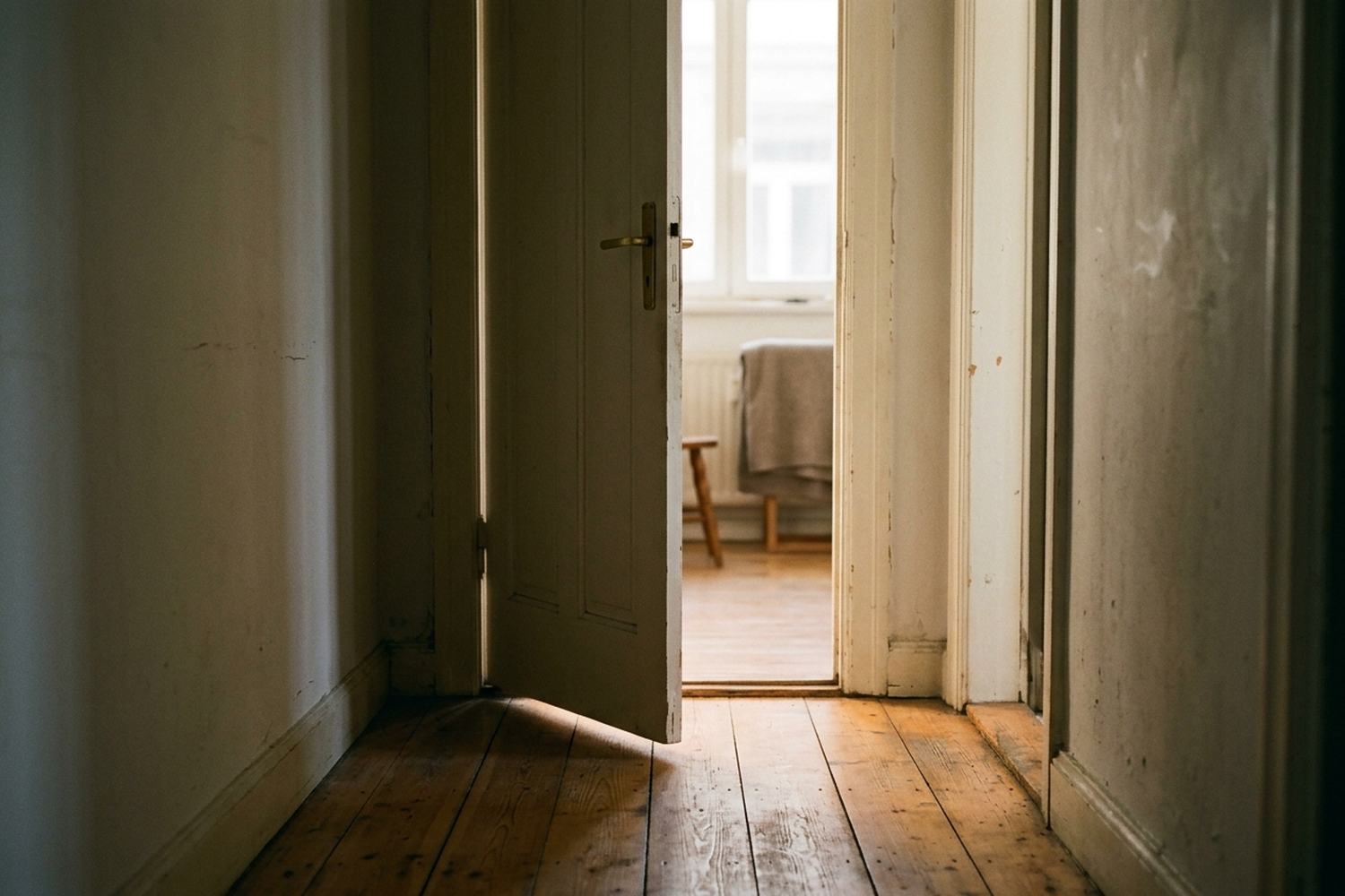 A door standing half open at the end of a dim hallway, light spilling through.