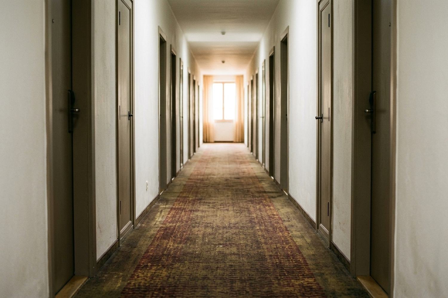 A long corridor of identical closed doors receding into warm light.