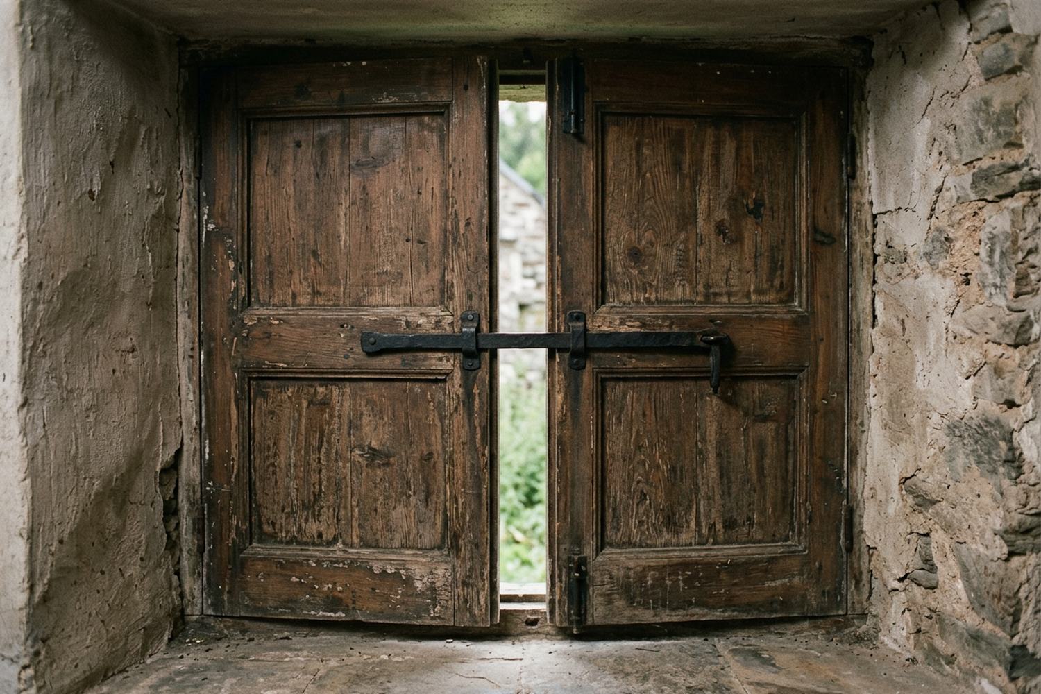 A pair of wooden shutters closed and bolted from the inside.