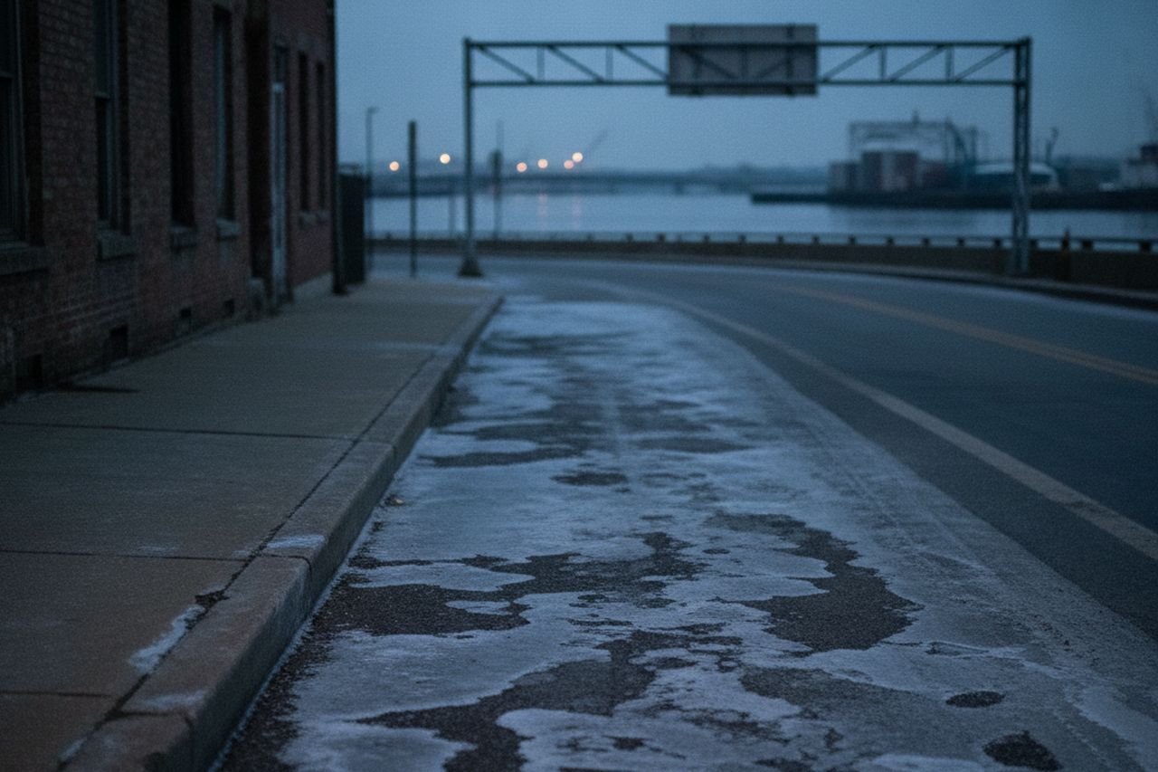 A frozen film of ice across a section of asphalt roadway at dawn, matt and pale where it has frozen and dark where it has not