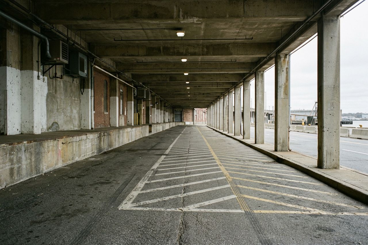 An empty covered curbside lane under a concrete overhang with painted hatching on the roadway