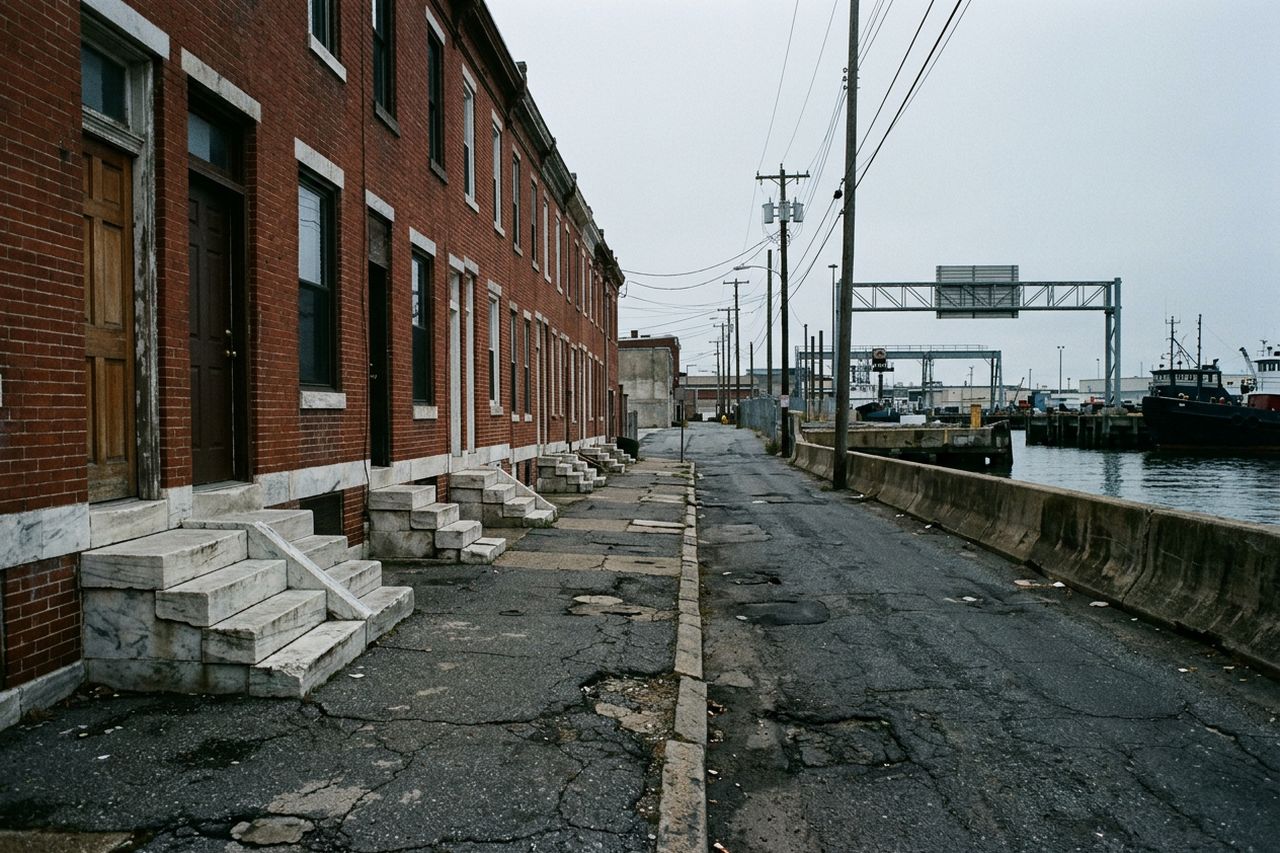 A narrow street of brick rowhouses with white marble front steps meeting the sidewalk, in flat pre sunrise light