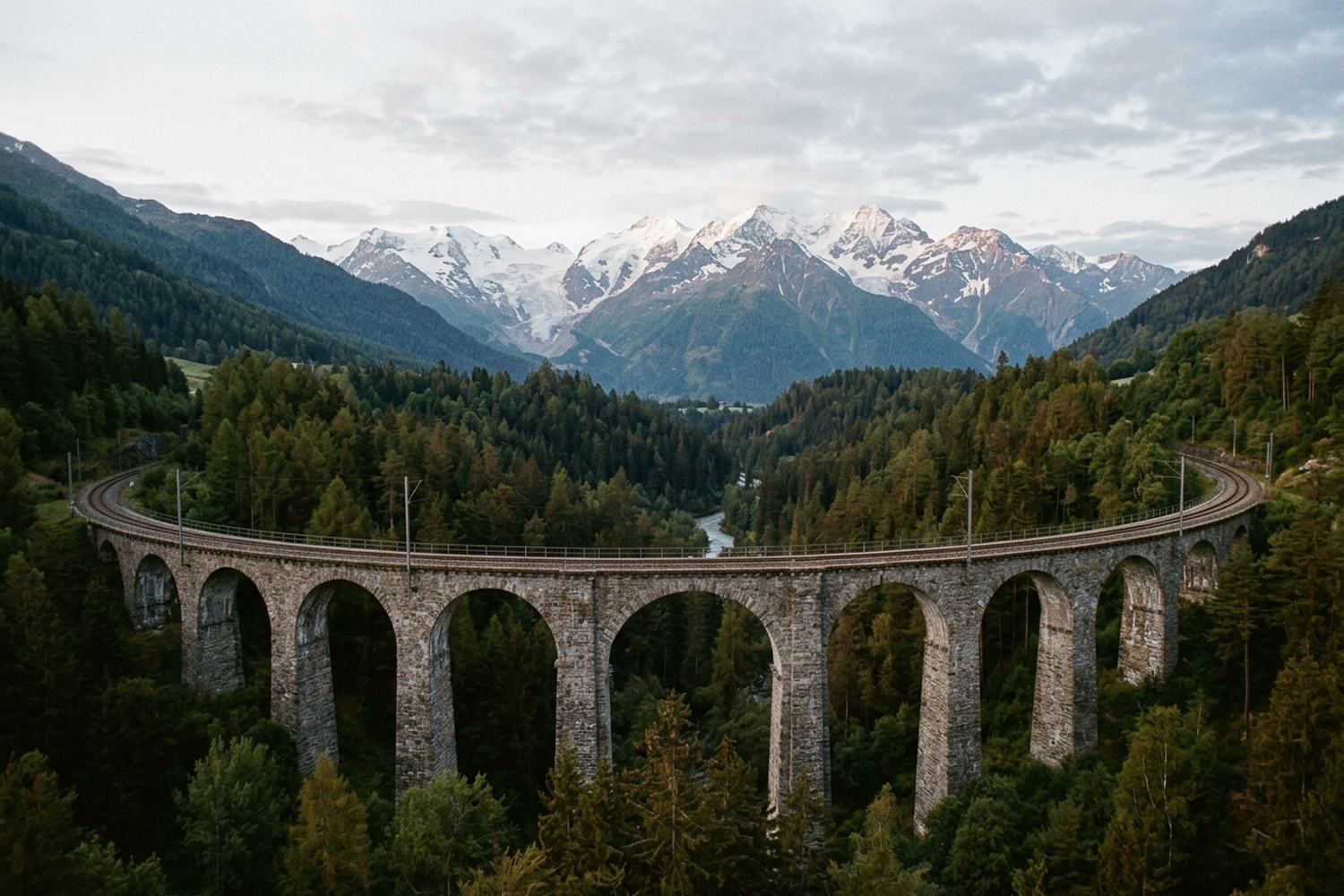 A tall stone viaduct crossing a wooded alpine valley, with snow peaks behind.