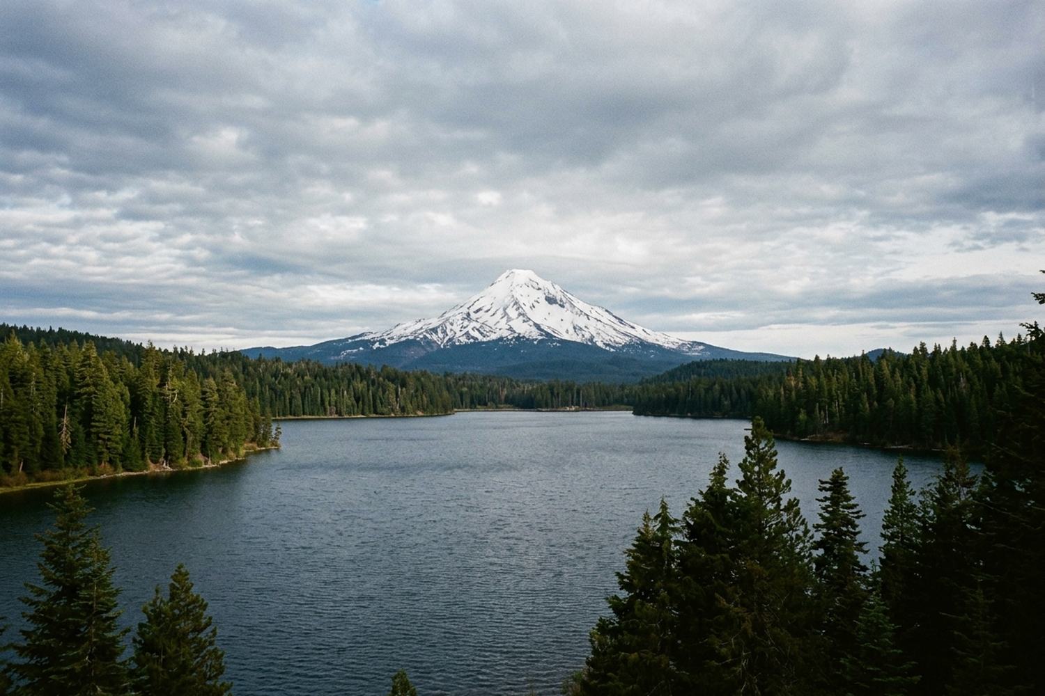 A dark lake with a snow covered volcanic cone standing beyond the forest.