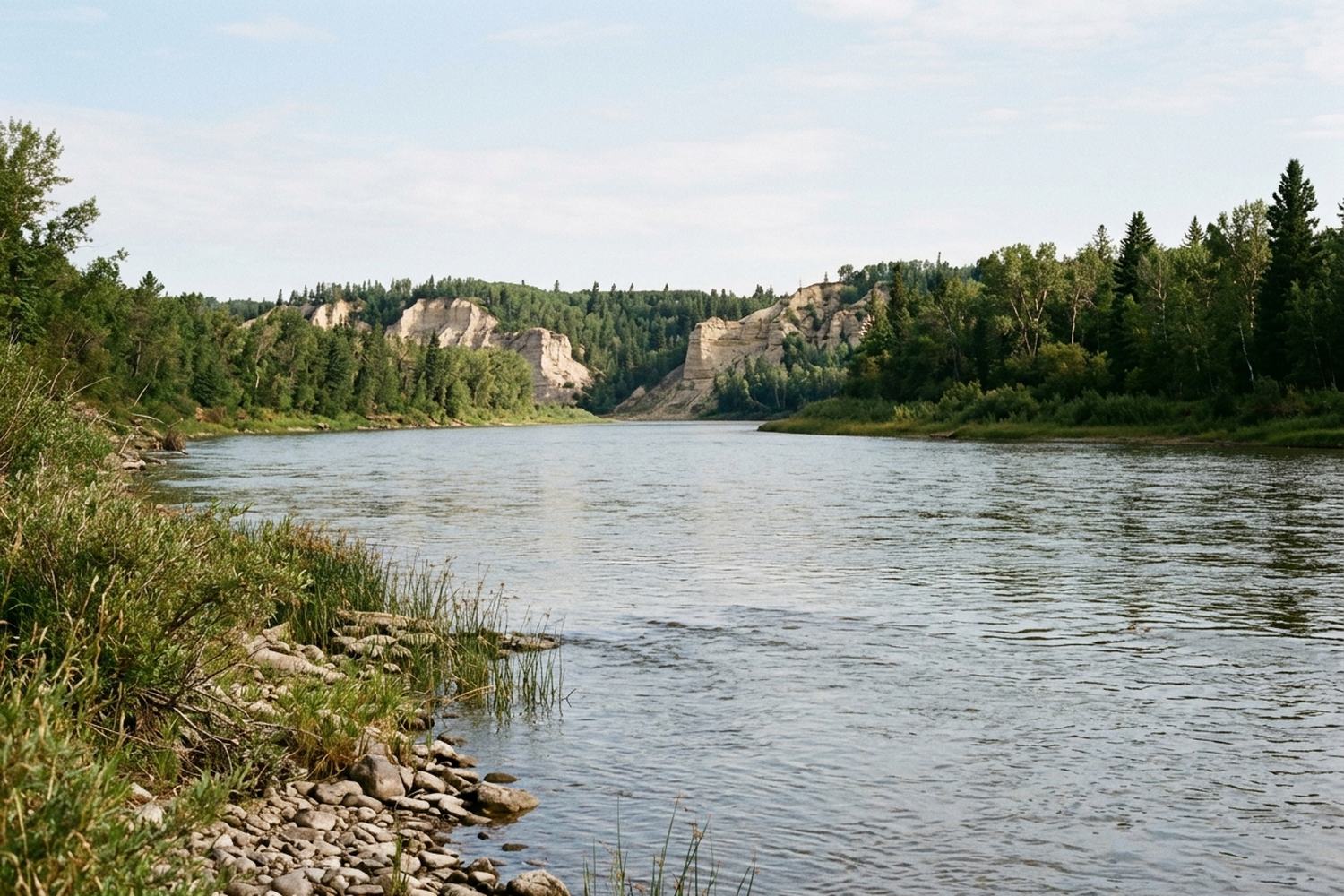 A wide slow river between wooded banks and pale sandstone bluffs.