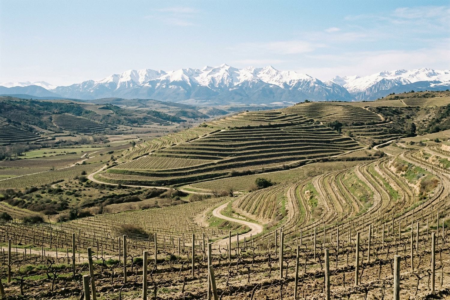 Terraced vineyards in a wide valley with a line of snow mountains beyond.