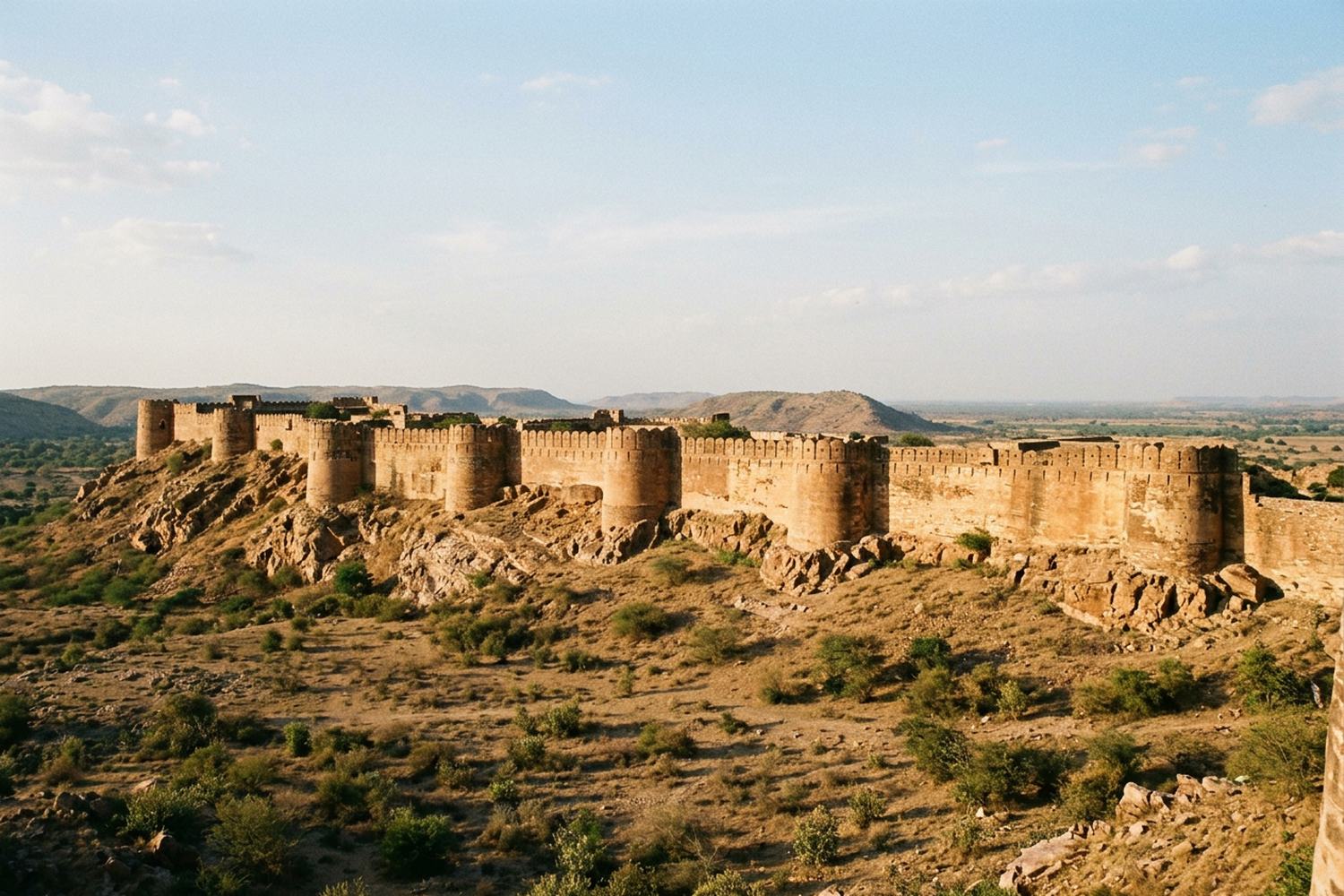 A long fortified wall of ochre sandstone with round bastions above dry scrub.