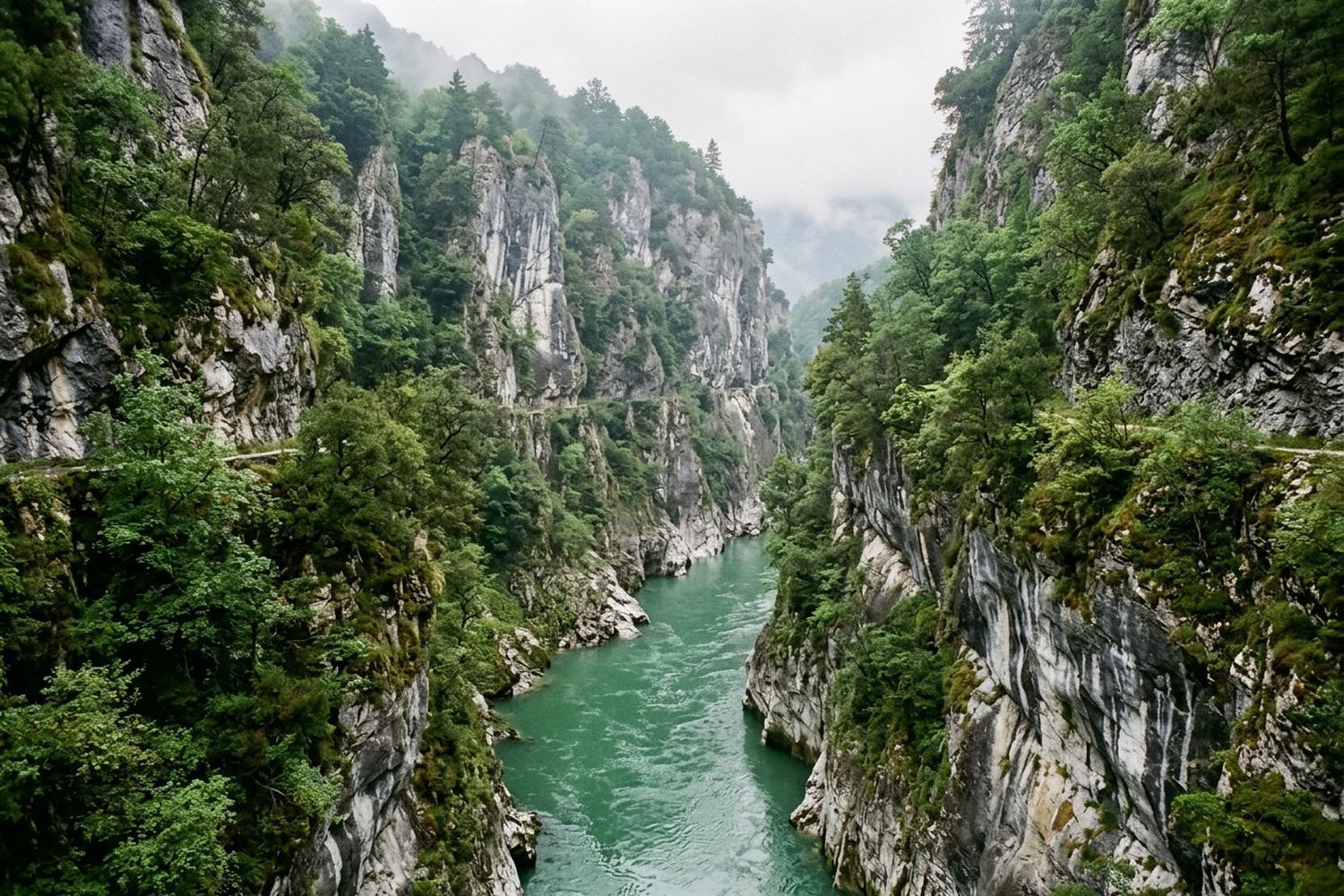 A deep marble gorge with a green river far below and near vertical cliffs.