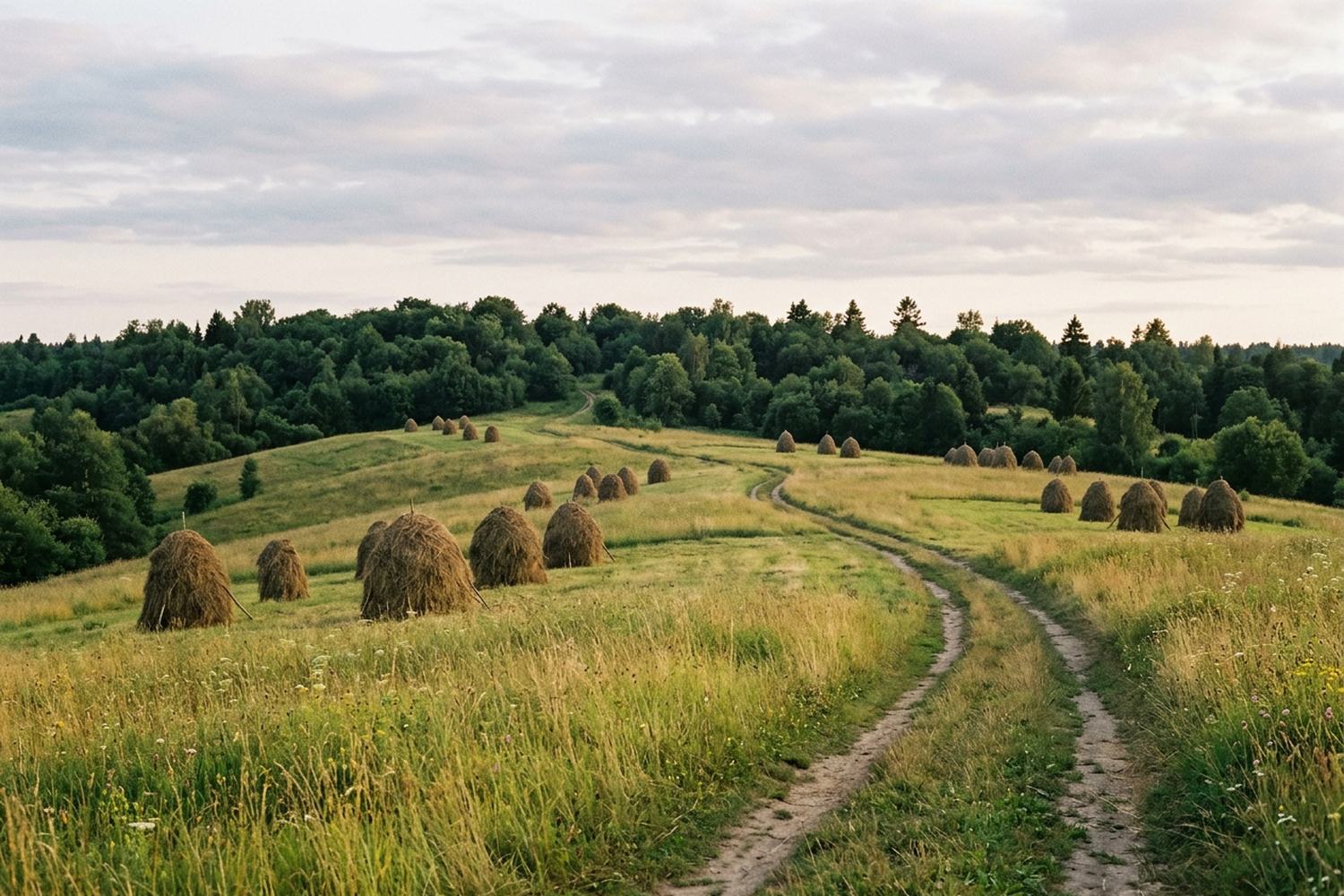 Meadows with conical hay ricks and a rutted track curving to a wooded ridge.