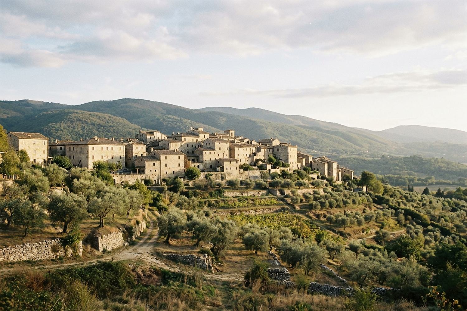 A hill town of pale stone on a ridge above terraced olive groves in late light.